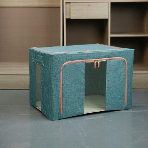 Cotton Linen Foldable Storage Box with View Window & 3 Doors | Large Organizer for Dorm Clothes, Pants & Books